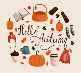 Autumn vector elements set. Leaves, pumpkins, fall clothes, umbrella, hedgehog, tea elements. The inscription hello autumn. Illustration in the hand drawn style.