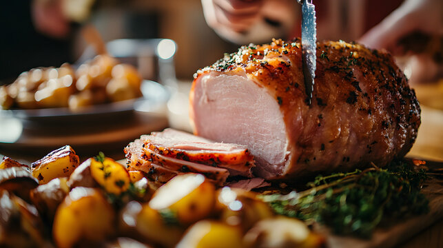 A Christmas ham being sliced at the dinner table with a serving of roasted vegetables and potatoes ready to be plated.