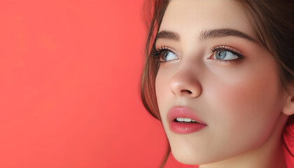 Fototapeta premium Beautiful young woman on color background, closeup