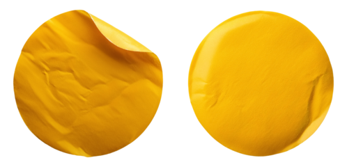 Two blank yellow glued sticky round label sticker cut out design elements