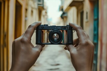 A Photographer Capturing a Picturesque Alleyway Using a Vintage Camera in a Quaint Town