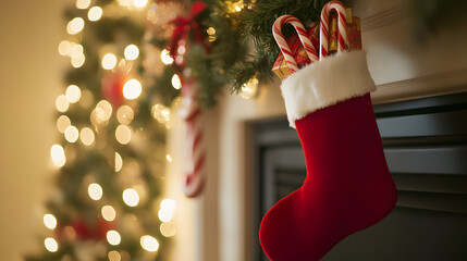 A Christmas stocking filled with small gifts and candy canes hanging from a fireplace adorned with holiday garlands and lights.