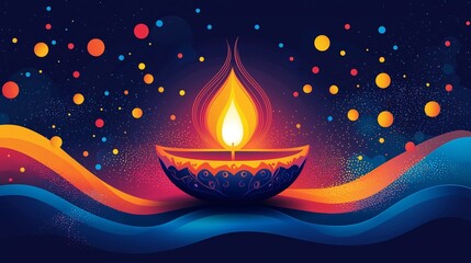 A vibrant illustration of a diya on a colorful background with abstract shapes and particles, representing the festival of Diwali, creating a celebratory and joyous atmosphere
