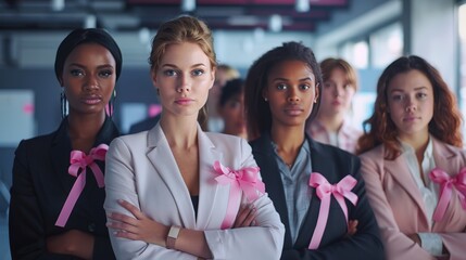 Professional Women in Office Showing Support for Breast Cancer Awareness with Pink Ribbons