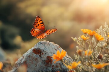 Obraz premium Orange butterfly on rock with yellow wildflowers in summer meadow. Concept of nature, freedom, life, and growth