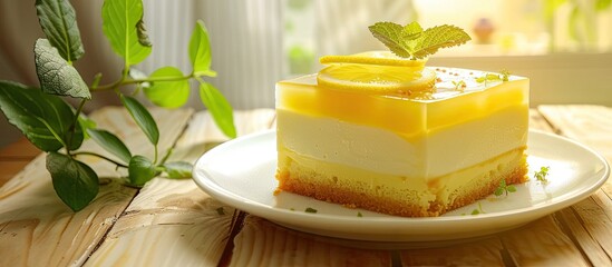 Lemon multi layer cake adorned with citron jelly and mint placed on a white plate against a wooden background A healthy organic summer dessert pie. Copy space image. Place for adding text and design