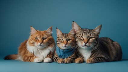 Obraz premium Three cats are sitting on a blue background