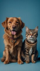 A brown dog and a cat are sitting next to each other on a blue background