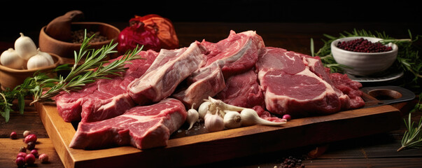 Lamb meat chops on wooden tray with green herbs and spices.