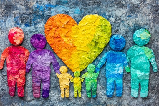 Colorful figures standing in front of a large rainbow heart symbolizing love diversity and unity in a vibrant and symbolic artistic representation of community