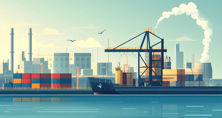 Obraz premium Shipping Port with Cargo Containers and Cranes, Industrial Harbor Illustration