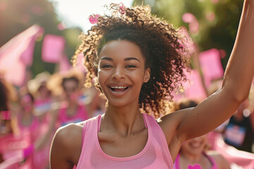 Joyous Woman Celebrating at Breast Cancer Awareness Marathon Amidst Cheers and Pink Banners