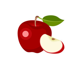 Red apple with green leaf and slice isolated on white background. Vector cartoon flat illustration. Fresh fruits icon. 