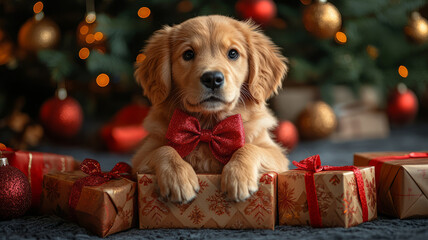a golden retriever puppy wearing big red bow in a christmas present box under a Christmas tree