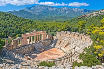 A Photography of The ancient amphitheater of Epidaurus, where classical Greek dramas and performances continue to captivate audiences with their timeless beauty and acousti