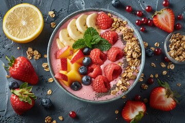 Colorful smoothie bowl of fruit and granola with a lemon, food background