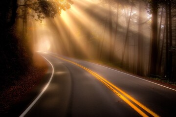 A Photography of A scenic drive through winding country roads, surrounded by trees with leaves in various autumn hues, offering a picturesque view of fall landscap