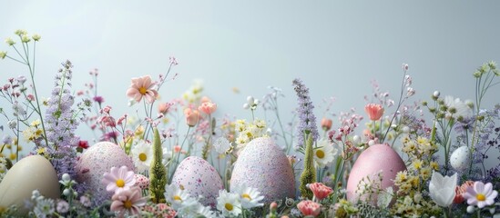Easter backdrop featuring Easter eggs and spring flowers. Copy space image. Place for adding text and design
