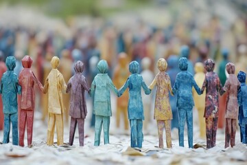 Obraz premium Group of diverse figures holding hands in front of a heart shaped formation symbolizing unity diversity and community in a symbolic and textured artistic design