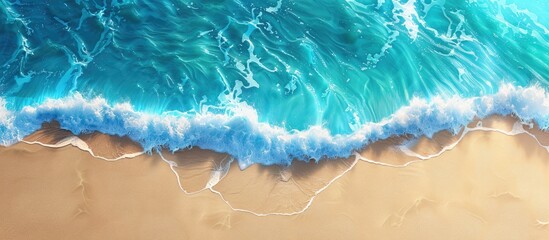 Obraz premium blue sea wave on sandy beach background from above with copy space