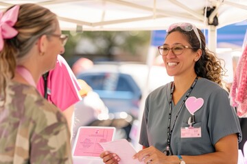 Community Fair Breast Cancer Prevention Booth with Healthcare Worker Assisting Visitors