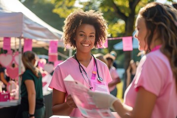 Community Healthcare Event Focused on Breast Cancer Prevention with Pink Ribbons and Flyers Distribution