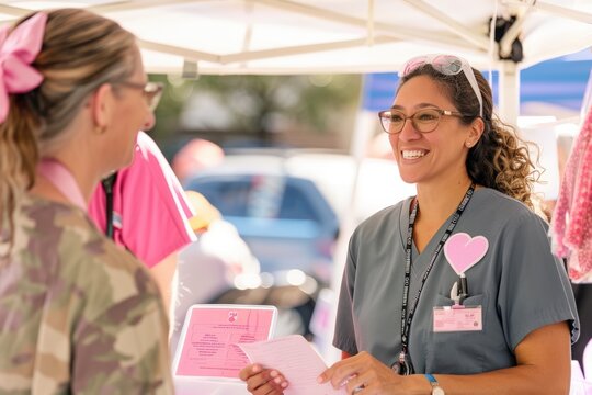 Community Fair Breast Cancer Prevention Booth with Healthcare Worker Assisting Visitors