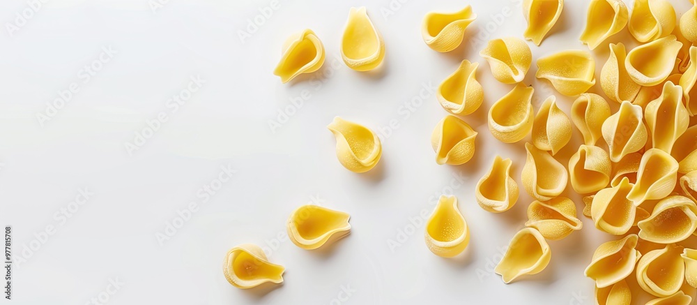 Sticker Pasta Paccheri on a white backdrop Focused selectively. Copy space image. Place for adding text and design