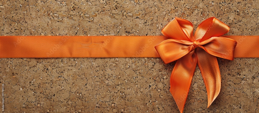 Poster orange ribbon on a cork board textured background. copy space image. place for adding text and desig