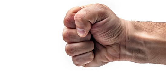 Fight hand gesture Man s clenched fist prepared to punch isolated on white close up copyspace