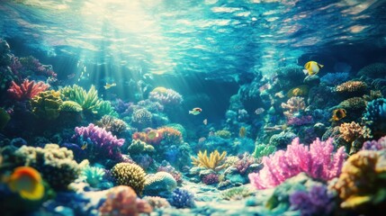 Obraz premium Vibrant Coral Reef Ecosystem with Sunlight and Colorful Fish