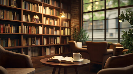 Fototapeta premium Literary Café with Bookshelves and Cozy Seating