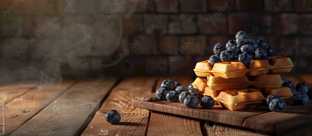 Canvas Prints Belgian waffles topped with blueberries on a wooden table Breakfast item. Copy space image. Place for adding text and design