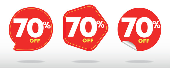 70% off. Offer label, value, price, sticker, quote. Poster, banner, social media, business. Ads campaign, sales, promo, retail, store. Vector, set, icon