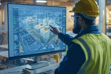 Engineer collaborates on digital twin construction project using bim and advanced modeling software