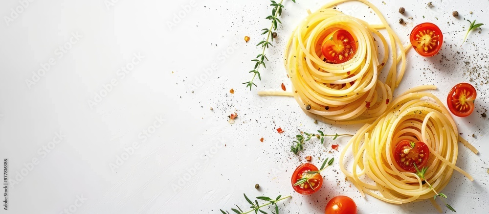 Canvas Prints Spaghetti pasta with sauteed cherry tomatoes and thyme top view White background with copy space horizontal