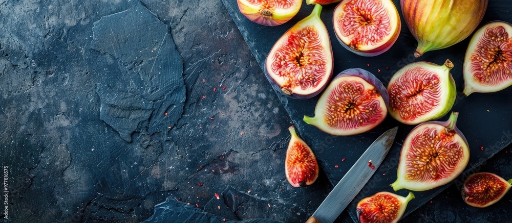 Poster Figs on a dark stone table with a knife viewed from above Ripe figs on a black surface or background with copy space