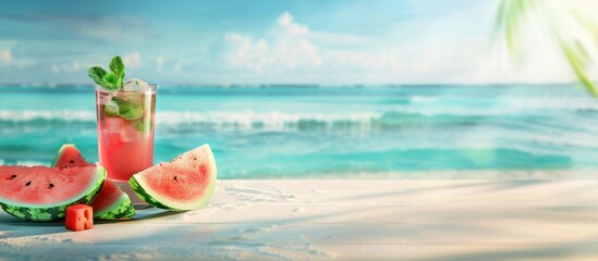 Slices of watermelon and a small cocktail with a fresh mint leaf in a glass on a white tabletop with a blurred background of an exotic sandy beach and blue sky Empty copy space for products and food