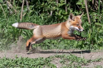 Obraz premium An image of a red fox kit playing and pouncing in a grassy meadow, its youthful curiosity and boundless energy on full displa