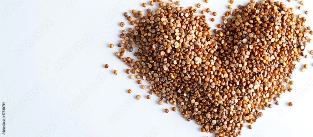 Wall mural Quinoa seeds positioned in a heart shape and set against a white background. Copy space image. Place for adding text and design