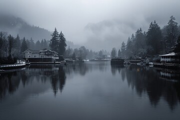 Obraz premium An image of a serene lake reflecting the surrounding mountains and sky, creating a mirror-like surface that perfectly captures the tranquility of natur
