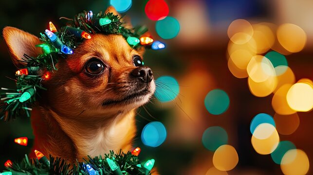 A charming dog adorned with colorful holiday lights, radiating a festive spirit amidst a beautifully lit background. Christmas Background, Christmas Dog