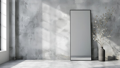 Large mirror near grey wall in room. Interior design