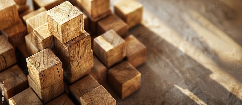 Poster wooden blocks on a light background. copy space image. place for adding text and design