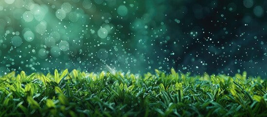 Lawn sprinkler spraying water on green grass. Copy space image. Place for adding text and design