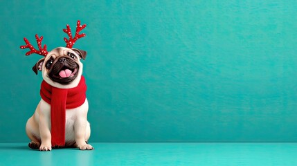 A cheerful pug dog wearing reindeer antlers and a red scarf, perfect for holiday and festive themes. Christmas Background, Christmas Dog