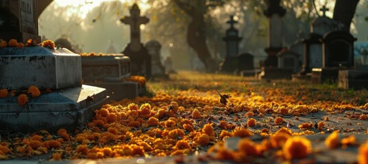 Tranquil Cemetery at Dawn with Marigold Petals for Día de los Muertos Observance