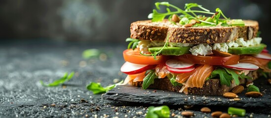 Sandwich featuring avocado and salmon on a dark backdrop with green onions and gluten free grain bread along with radishes and tomatoes cottage cheese copyspace sandwich for takeout healthy fast food