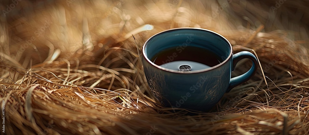 Wall mural A close up of a cup of black tea in a dark blue cup set against a straw background Tea time homeless. Copy space image. Place for adding text and design