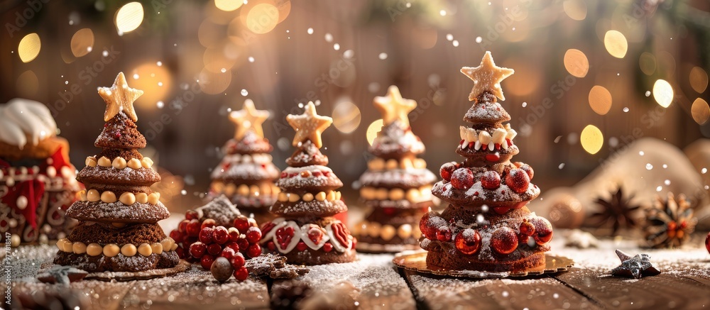 Poster Christmas Tree Cakes for the holiday on a wooden background Selective focus. Copy space image. Place for adding text and design